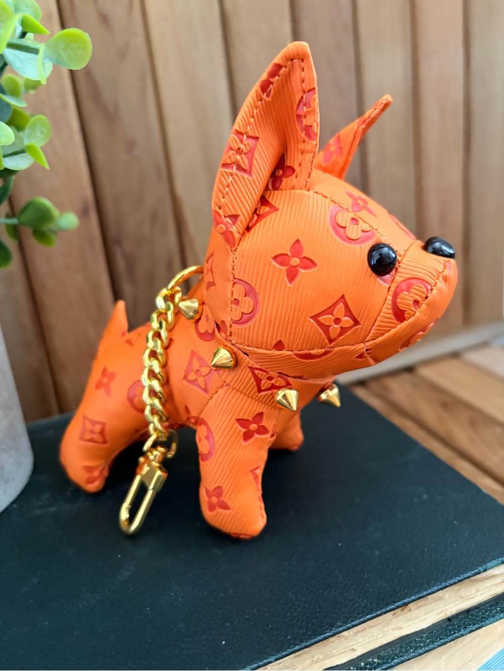 monogramed Puppy Dog Bag Charm, Orange with Gold Tone Hardware